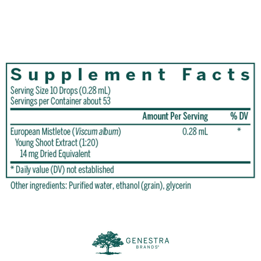 Genestra European Mistletoe herbal supplement bottle, 0.5 fl oz