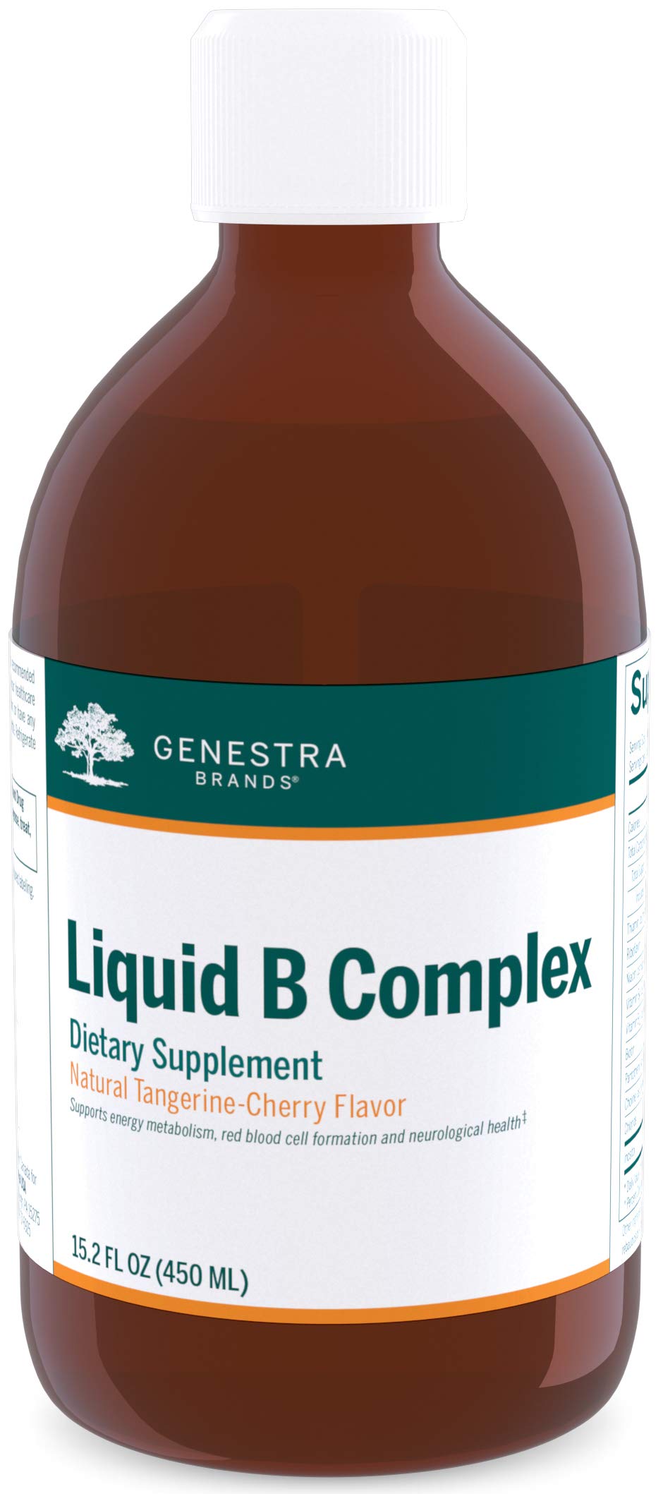 Front view of Genestra Brands Liquid B Complex bottle with Tangerine-Cherry flavor