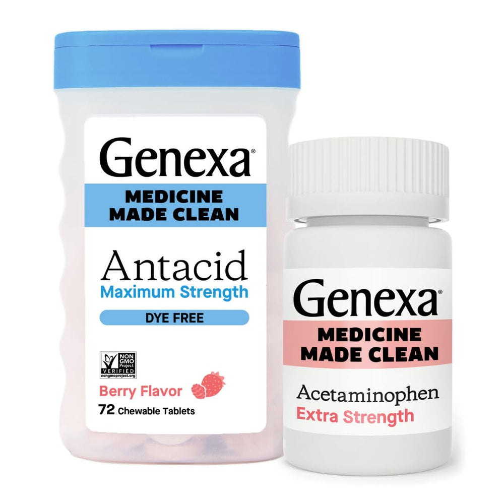 Genexa Adult Clean Acetaminophen bottle for fever and pain relief, dye-free formula.