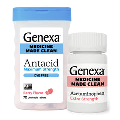 Genexa Adult Clean Acetaminophen bottle for fever and pain relief, dye-free formula.