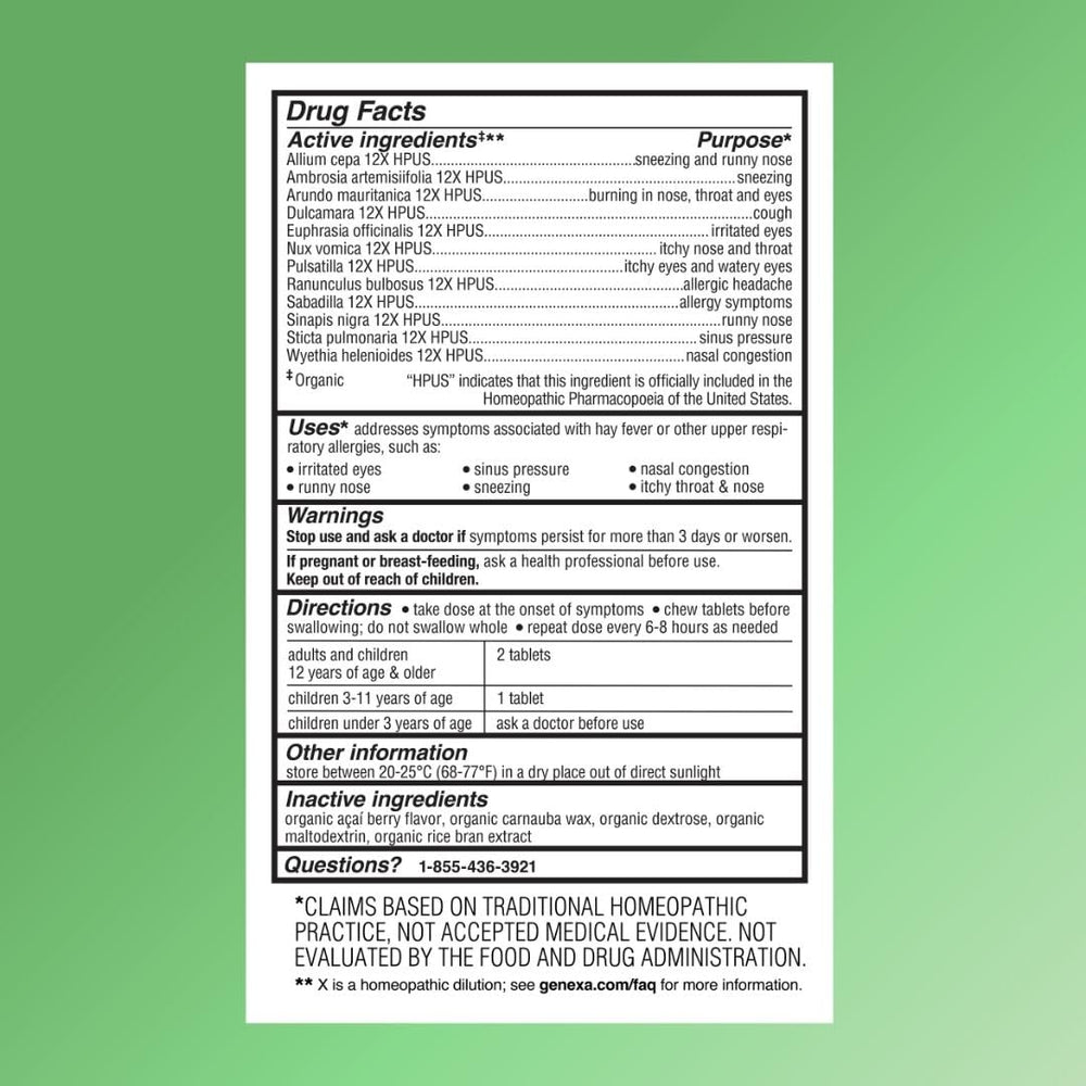 Genexa Allergy Care-ingredients list communicates absence of artificial dyes or preservatives.