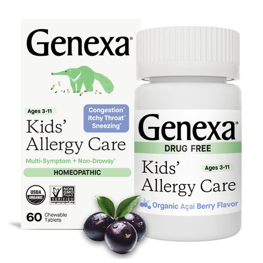 Genexa Kids Allergy Care chewable tablets shown for non-drowsy relief and kid-friendly use at home.