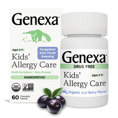 Genexa Kids Allergy Care chewable tablets shown for non-drowsy relief and kid-friendly use at home.