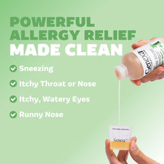Genexa kids dosing spoon demonstrates easy-to-use liquid allergy medicine for families.