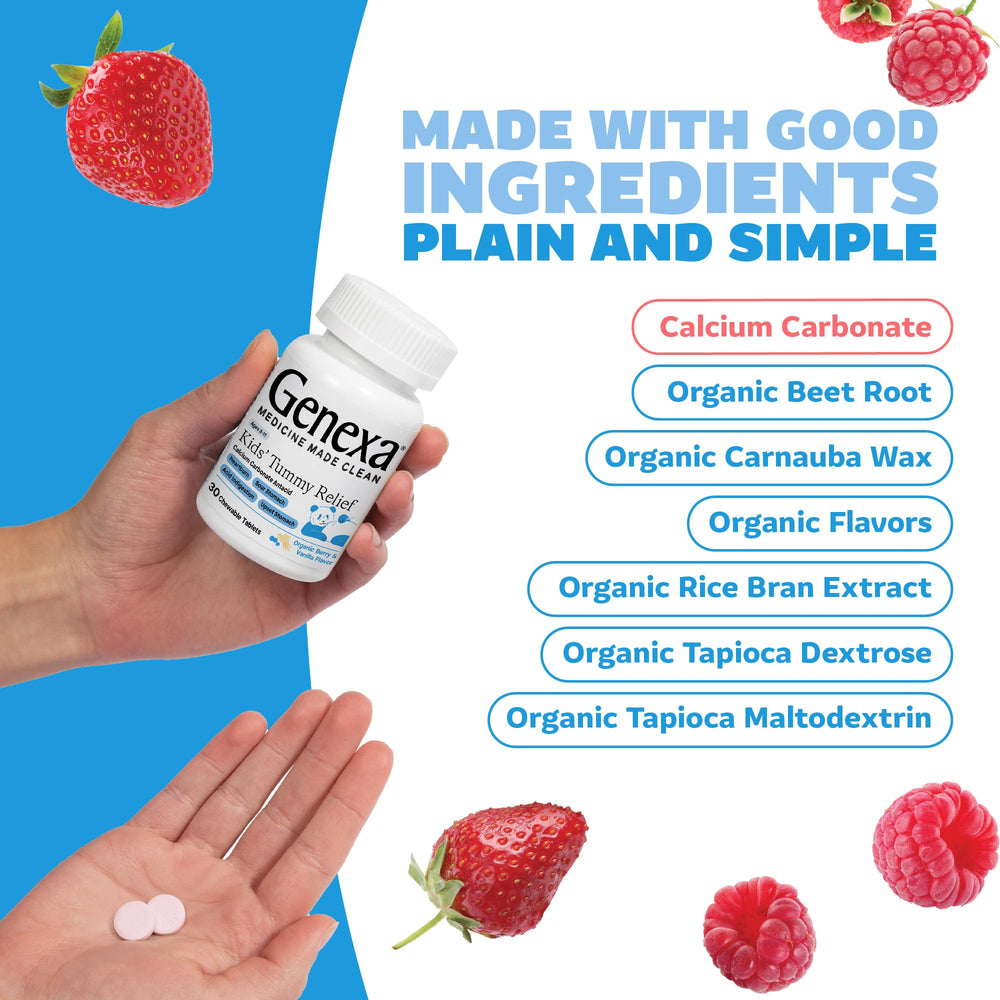 Genexa Kids Clean Tummy Relief calcium carbonate active ingredient for gentle support.