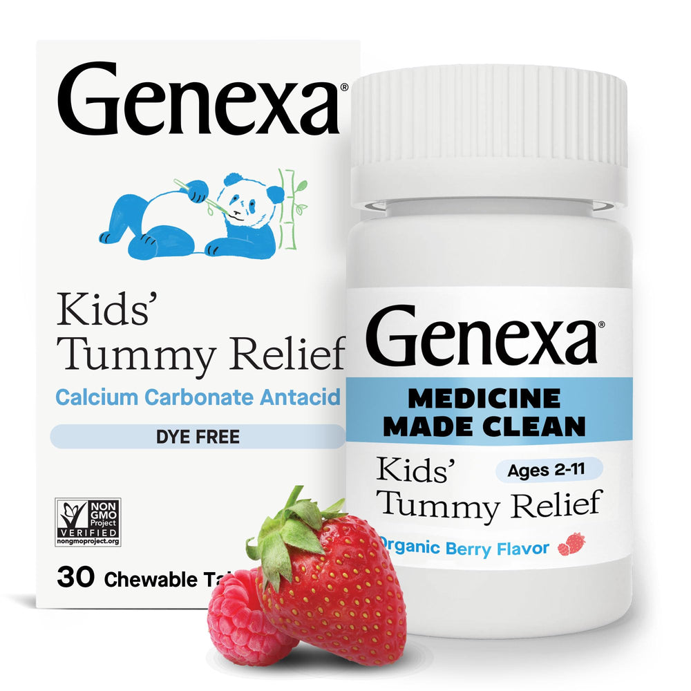Genexa Kids Clean Tummy Relief package with berry chewables for quick stomach comfort on busy days.