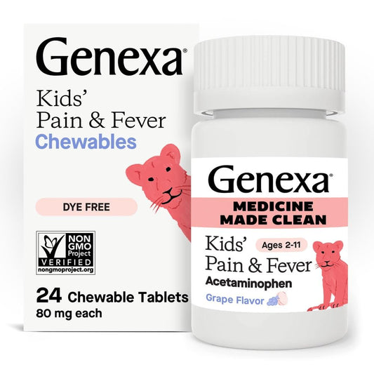 Genexa Kids Pain & Fever Chewables bottle front with grape flavor