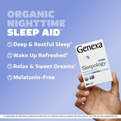 Genexa Sleepology bottle with label on shelf signals organic, non-GMO ingredients.