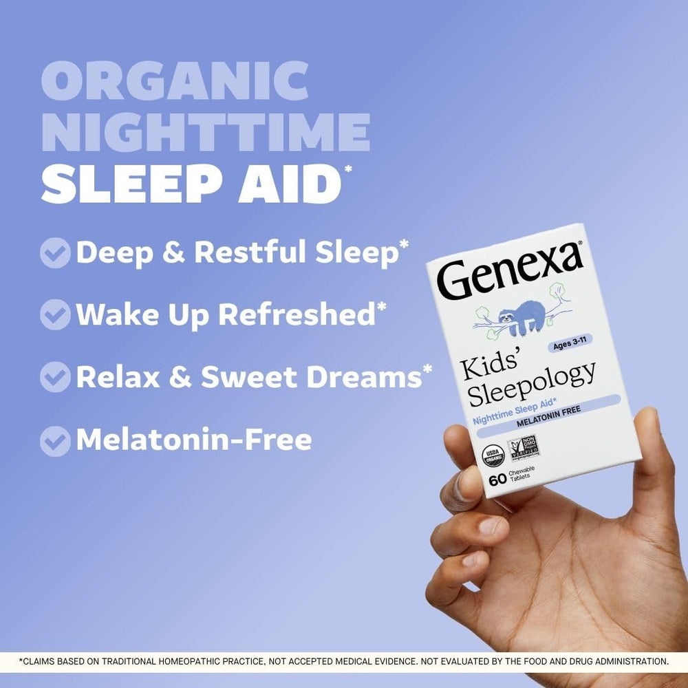 Genexa Sleepology children's vanilla lavender chewables for peaceful bedtime.