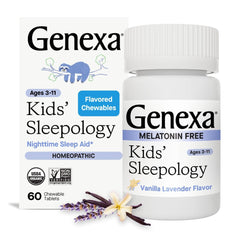 Genexa Sleepology for Children tablets on label, promoting calm nights.