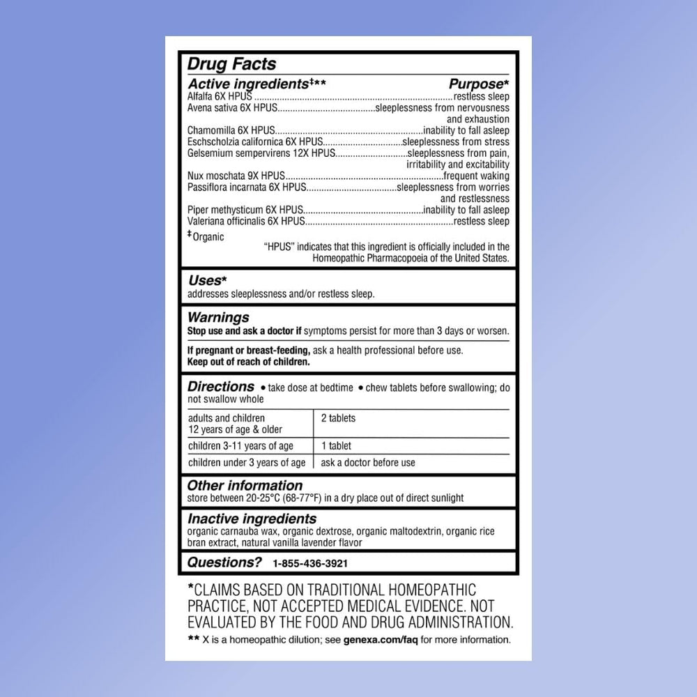 Genexa Sleepology product label shows vegan, gluten-free and certified organic benefits.