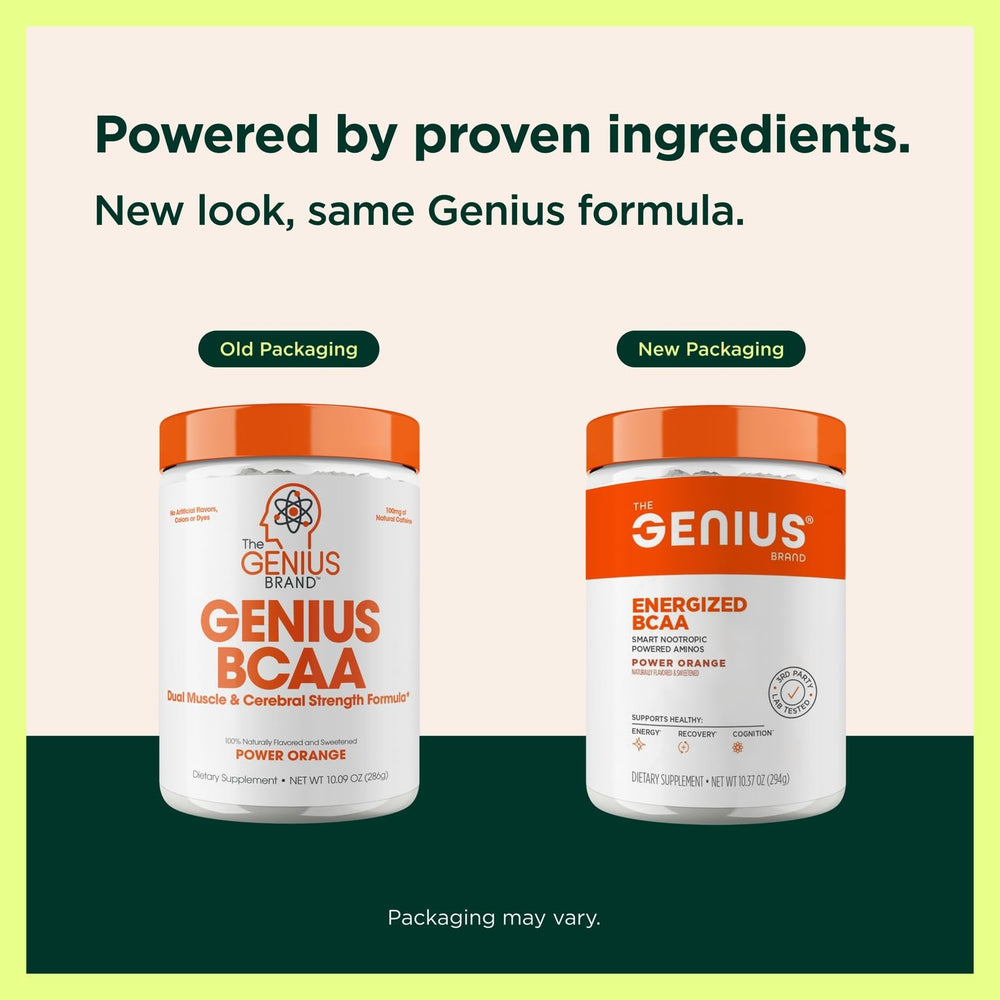 Genius BCAA Powder orange packaging close-up