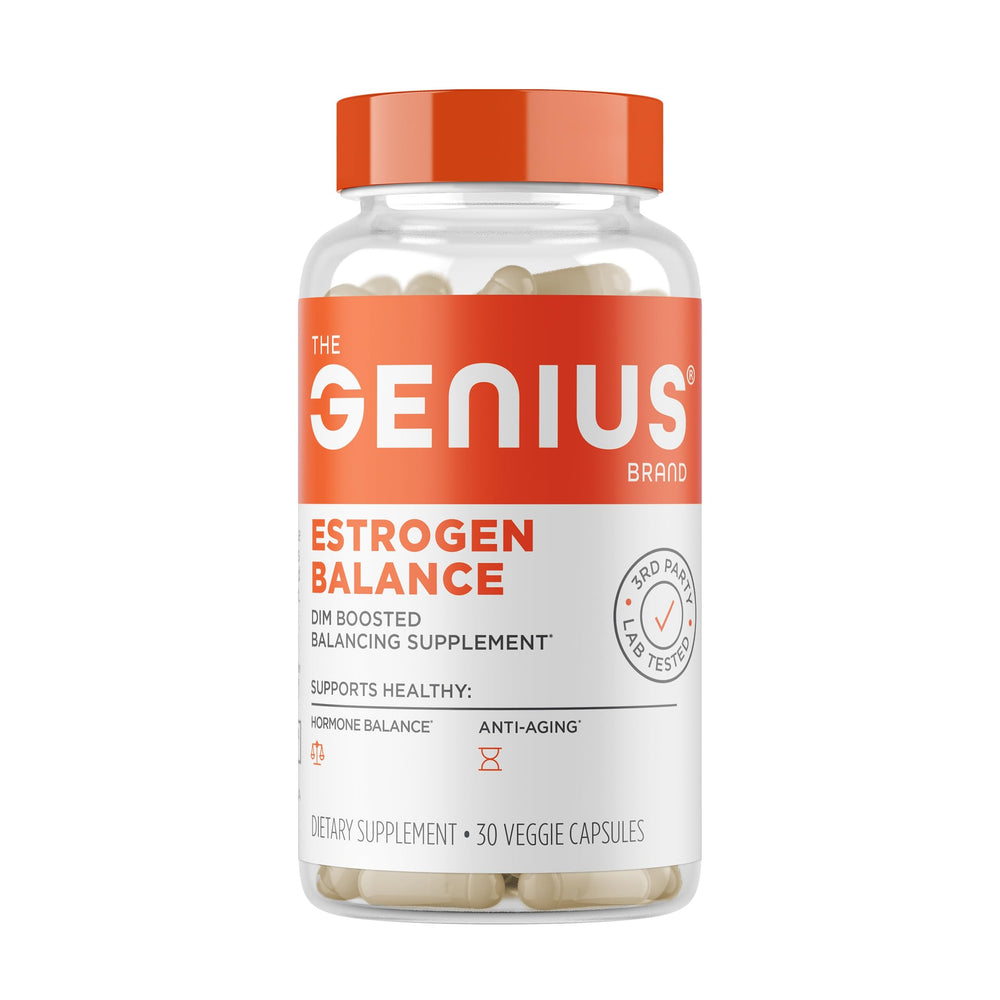 The Genius Brand estrogen balance bottle shows a vegan, USA-made formula for hormone balance.