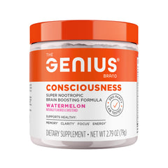 The Genius Consciousness watermelon bottle label highlighting flavor and focus support.