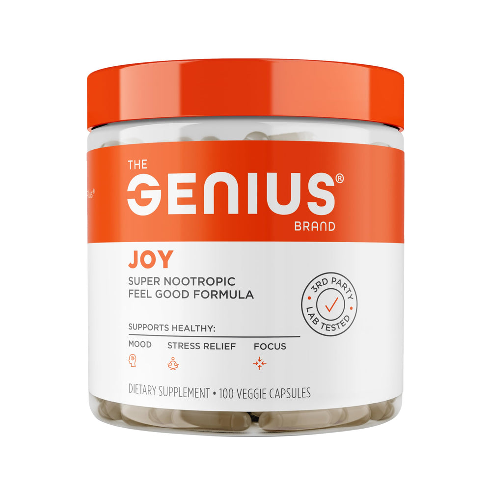Genius Joy bottle with label on white background