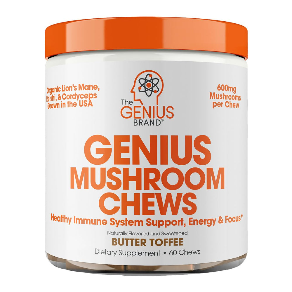 Genius Mushroom Butter Toffee soft chews bottle label