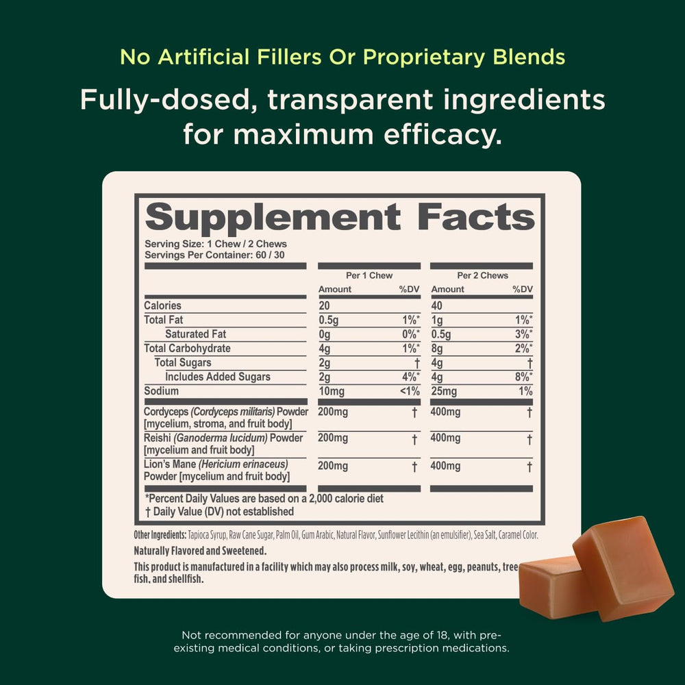 Nutrition facts panel on Genius Mushroom bottle