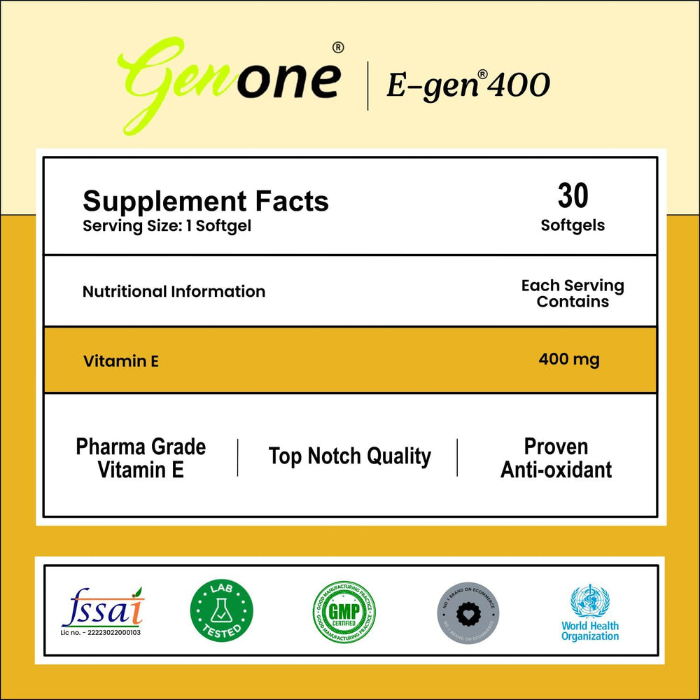Genone Vitamin E supplement bottle and capsules on white background