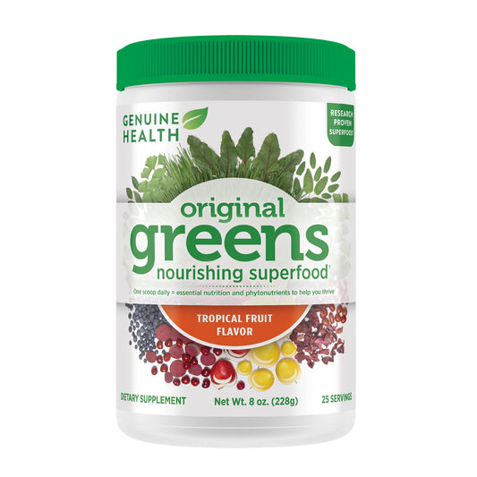 Canister of Genuine Health Greens+ Original Superfood Powder - Tropical Fruit flavor