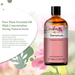 Geranium essential oil bottle close-up in amber glass
