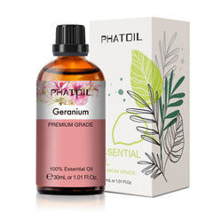 30ml amber bottle of geranium essential oil with built-in dropper