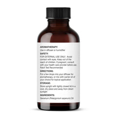 Label of Majestic Pure Geranium Essential Oil on amber bottle