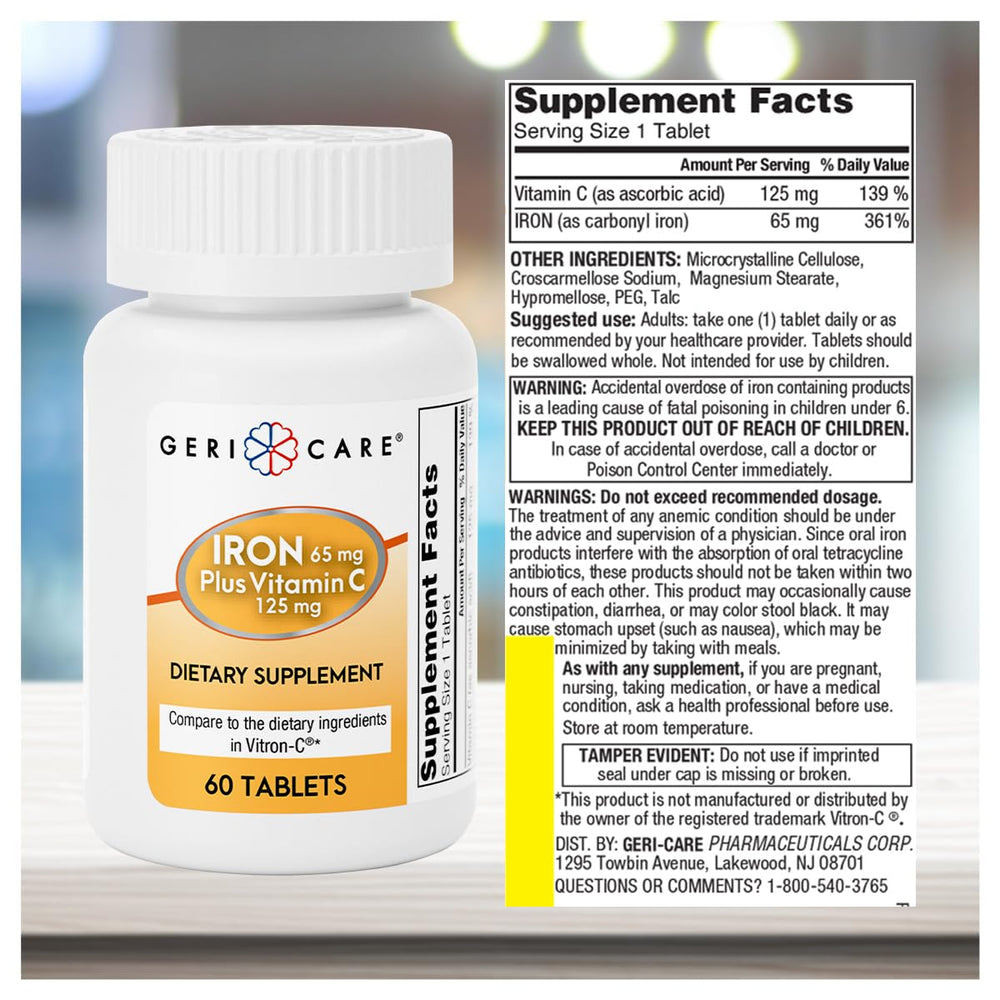 Nutritional facts label for GeriCare Iron + Vitamin C tablets