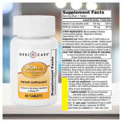 Nutritional facts label for GeriCare Iron + Vitamin C tablets
