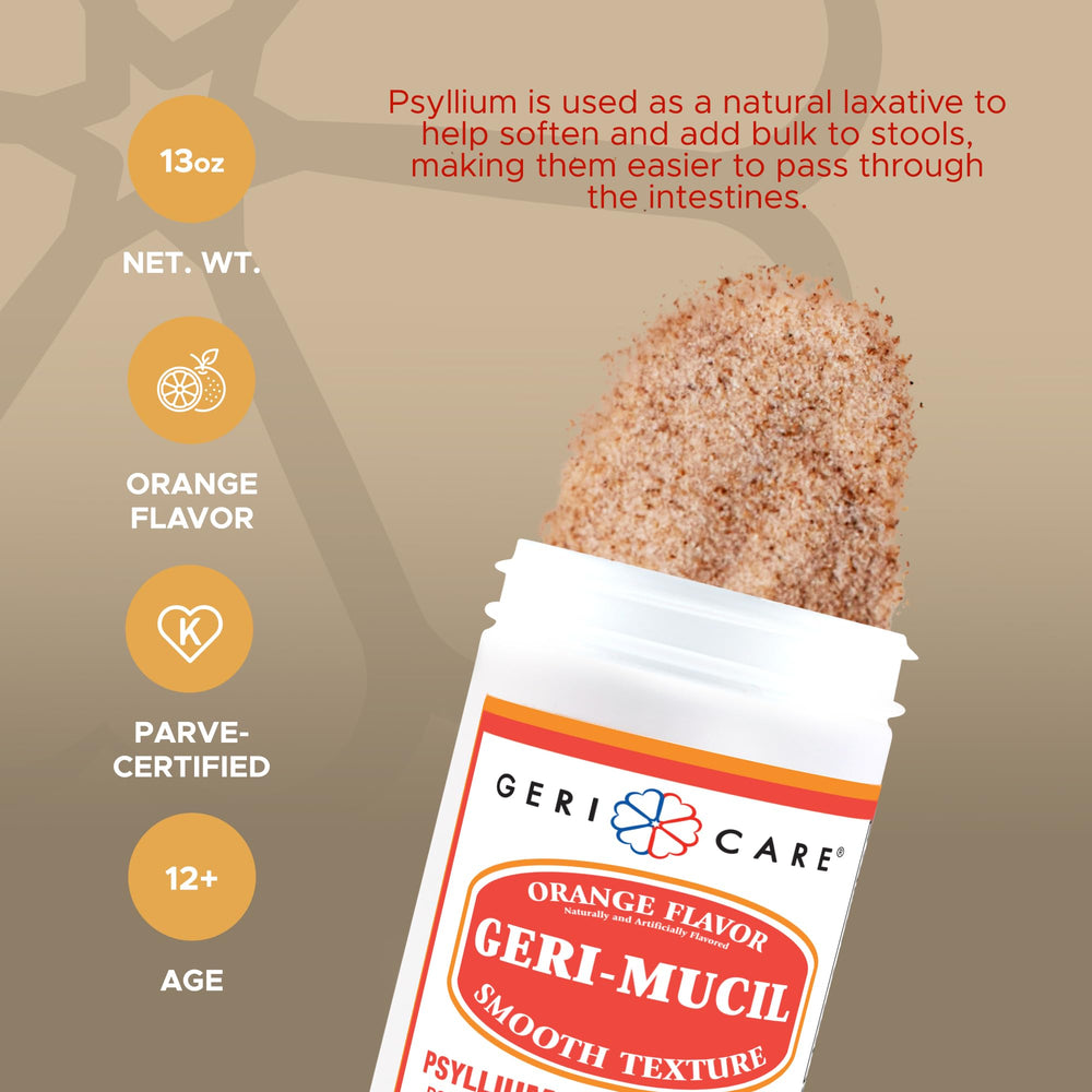 Orange-flavored psyllium powder being stirred into a glass