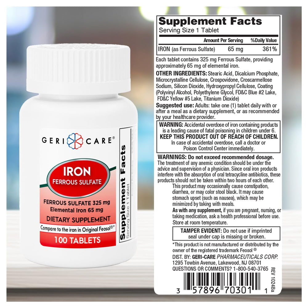 Nutrition facts panel on GeriCare iron supplement bottle