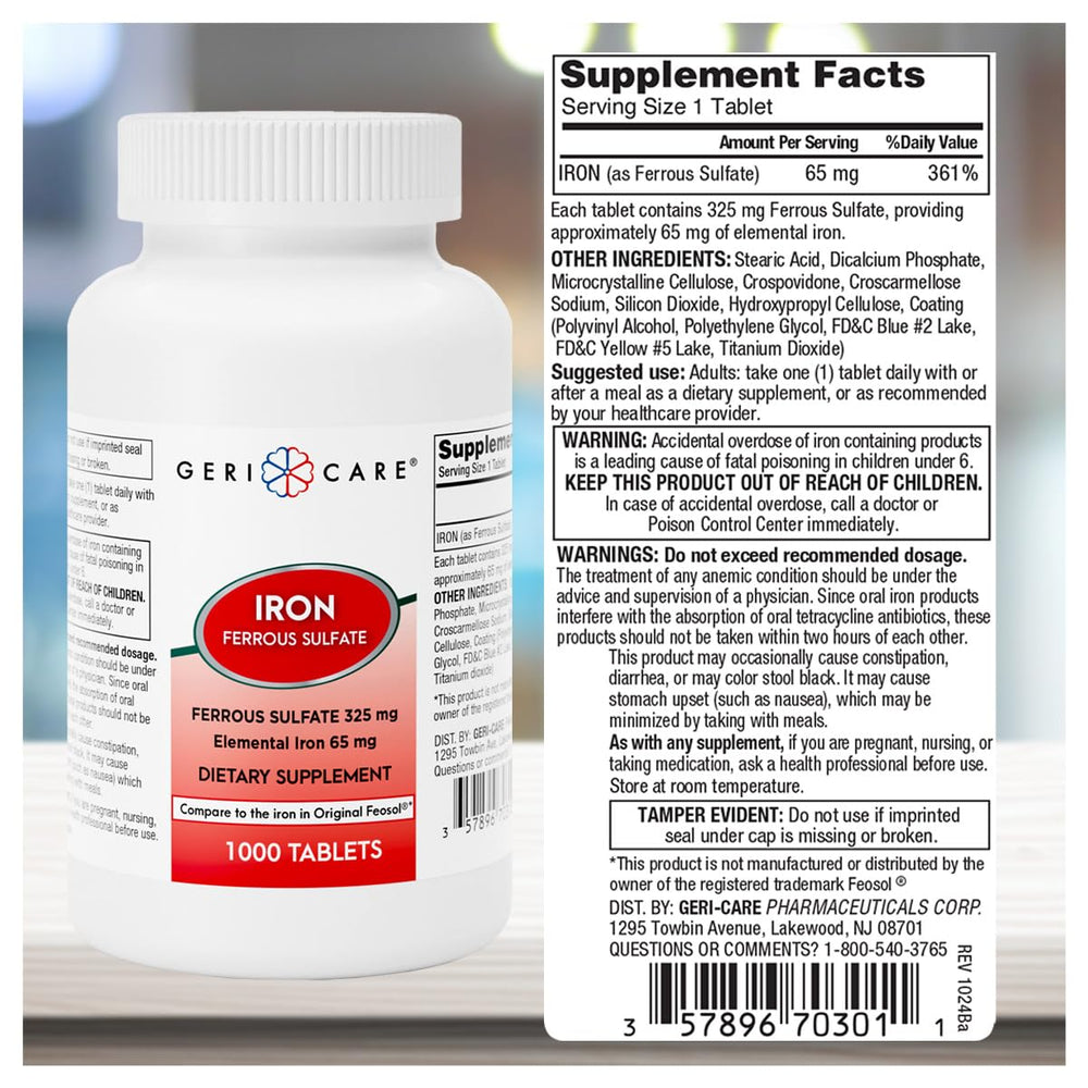GeriCare ferrous sulfate 325mg tablets for energy and blood health