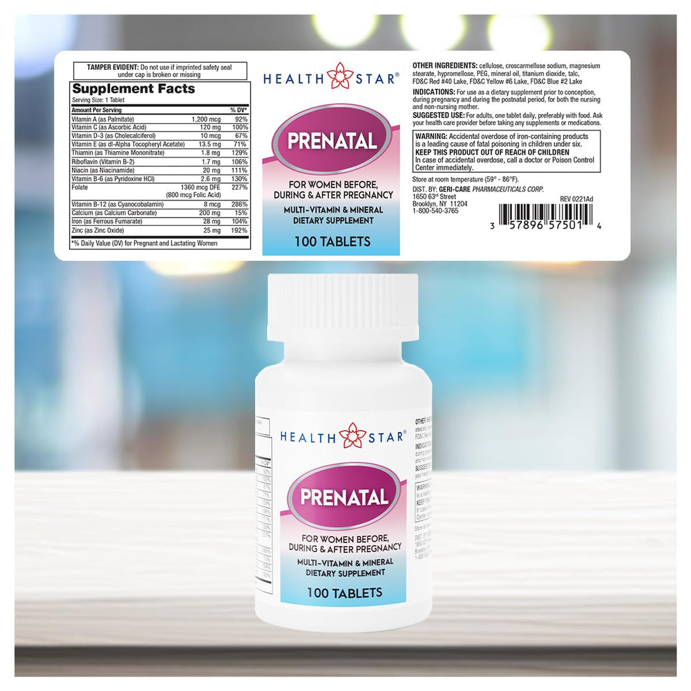Front view of GeriCare Prenatal Multivitamins packaging