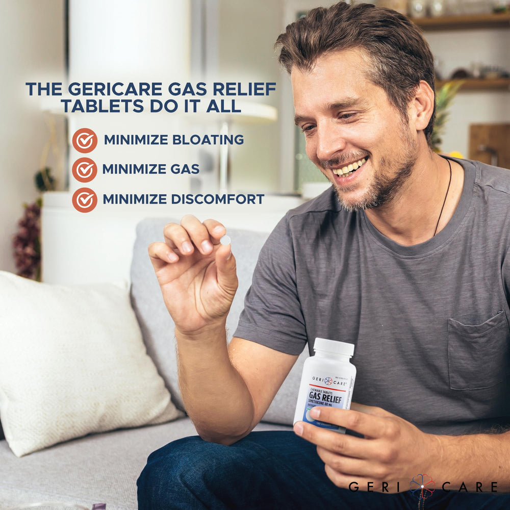 GeriCare after-meals support with chewable tablets for bloating relief.