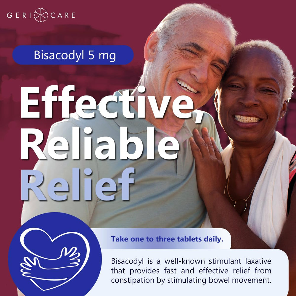 GeriCare Bisacodyl bottle label close-up with clear dosing information