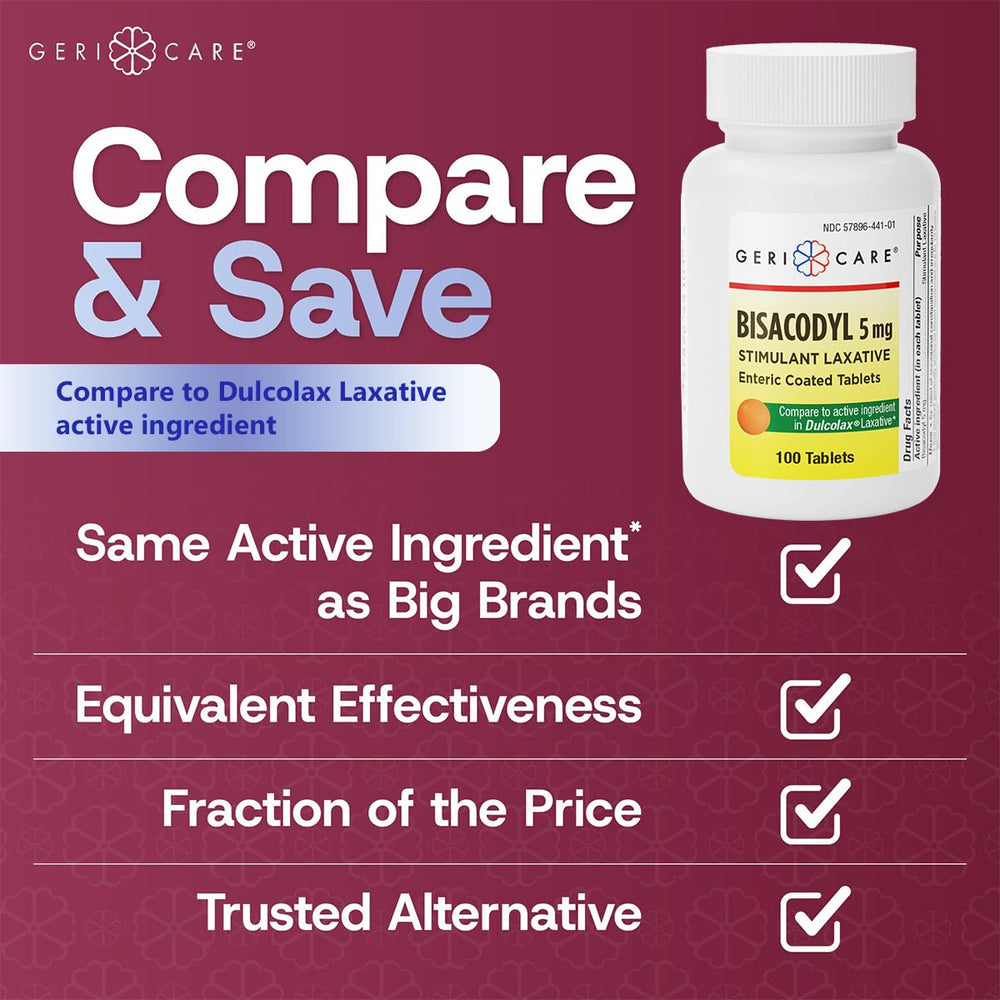 GeriCare Bisacodyl packaging bulk image emphasizes two 100-count bottles ready for use