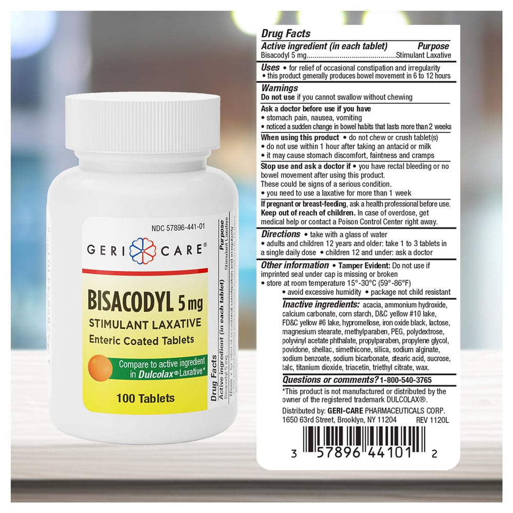 GeriCare Bisacodyl tablet close-up shows a convenient gentle design for relief