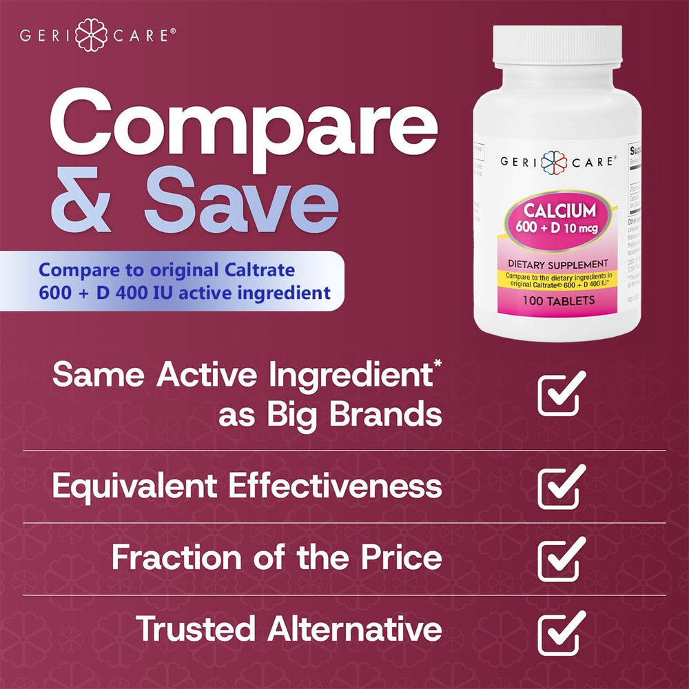 Bottle label details of GeriCare Calcium 600mg Vitamin D 400IU