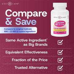 Bottle label details of GeriCare Calcium 600mg Vitamin D 400IU