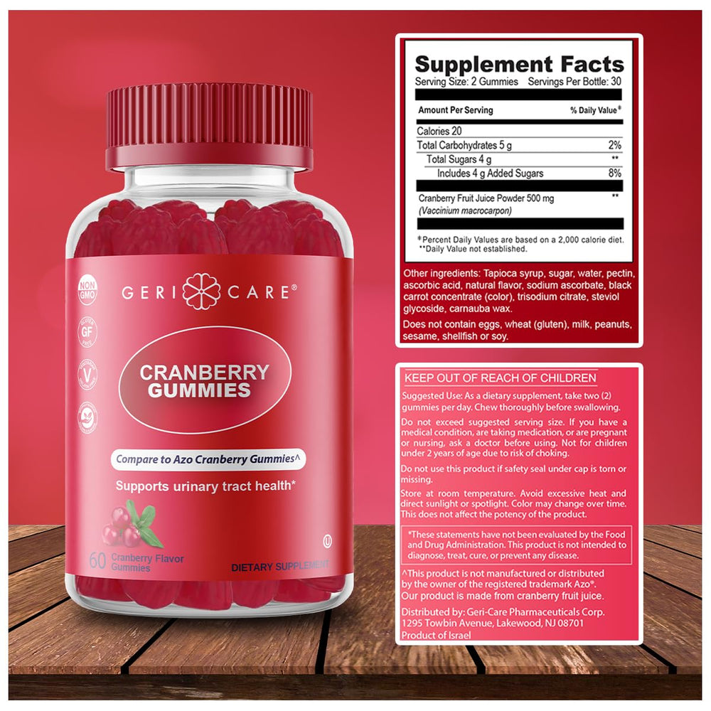 GeriCare Cranberry Gummies packaging with cranberry illustrations