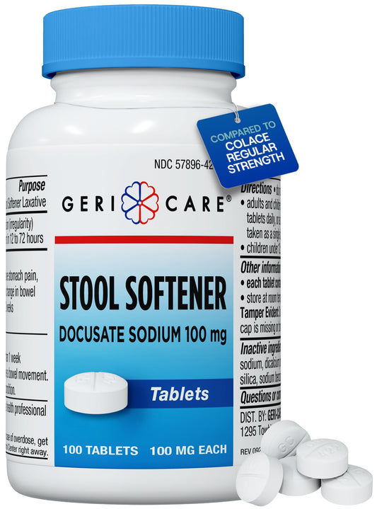 GeriCare Docusate Sodium tablets pack shows a dye-free, gentle relief option.