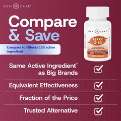 GeriCare Ferric X-150 bottle side view showing 100-count packaging