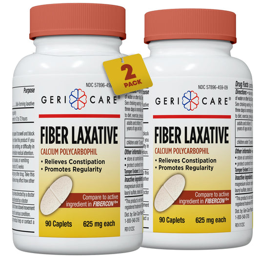 GeriCare fiber laxative caplets 625mg bottle front showing label and digestion support.