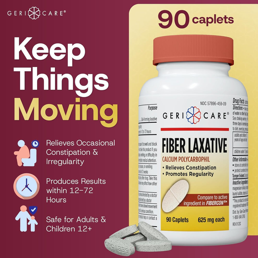 GeriCare caplets label close-up highlights dosage and fiber content.