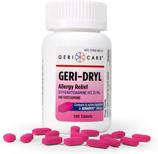 GeriCare Geri-Dryl bottle pour showing quick relief potential for allergy symptoms