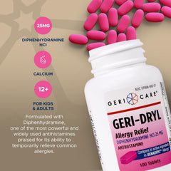 GeriCare packaging of Geri-Dryl 100-count bottle for ongoing allergy support