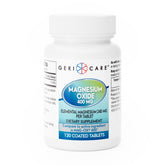 GeriCare Magnesium Oxide supplement bottle with label showing 240 mg elemental magnesium, 120 coated tablets