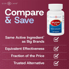GeriCare Melatonin 5mg bottle label showing 30 count