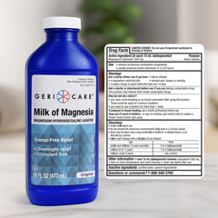 GeriCare Milk of Magnesia 16oz bottle closeup highlights convenient, consistent dosing
