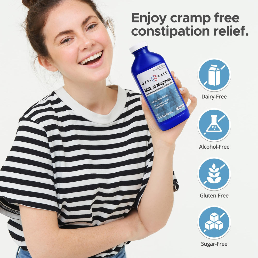 GeriCare Milk of Magnesia ready-to-use liquid demonstrates easy constipation relief