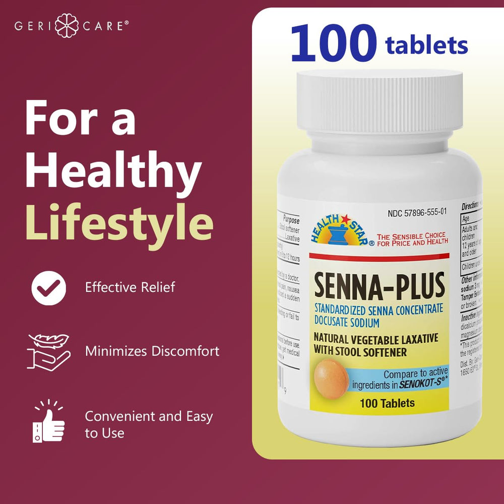 GeriCare Senna Plus bottle side view highlighting natural laxative formula